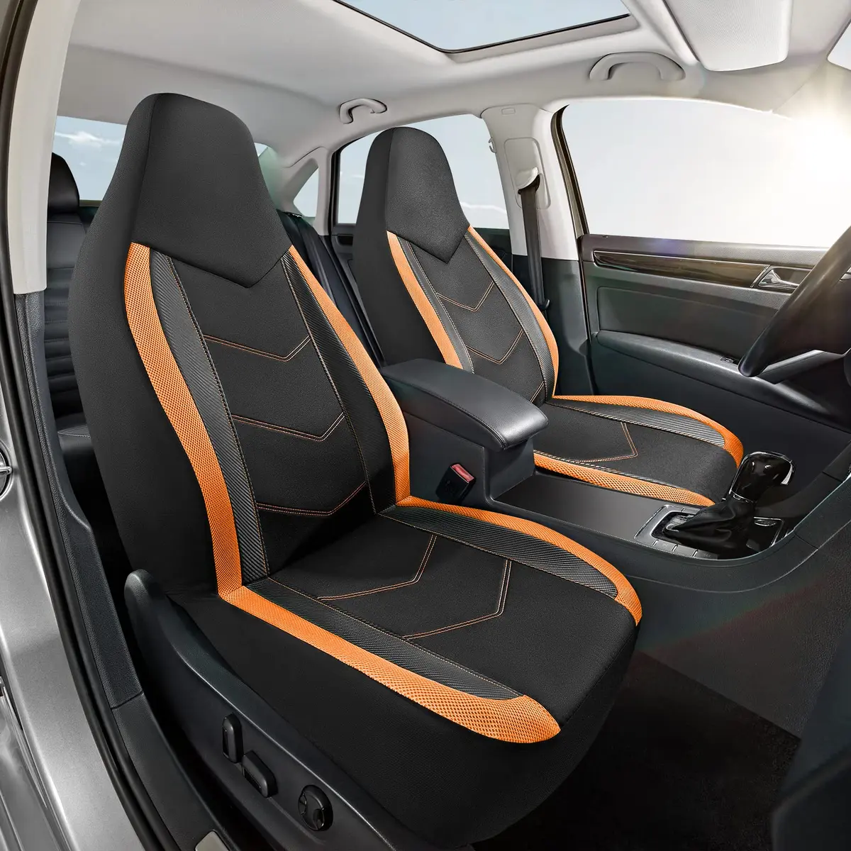 PIC AUTO High Back Front Car Seat Covers - Sports Carbon Fiber Mesh Design, Two Front Set, Airbag Compatible, Universal Fit (Orange) - view 2