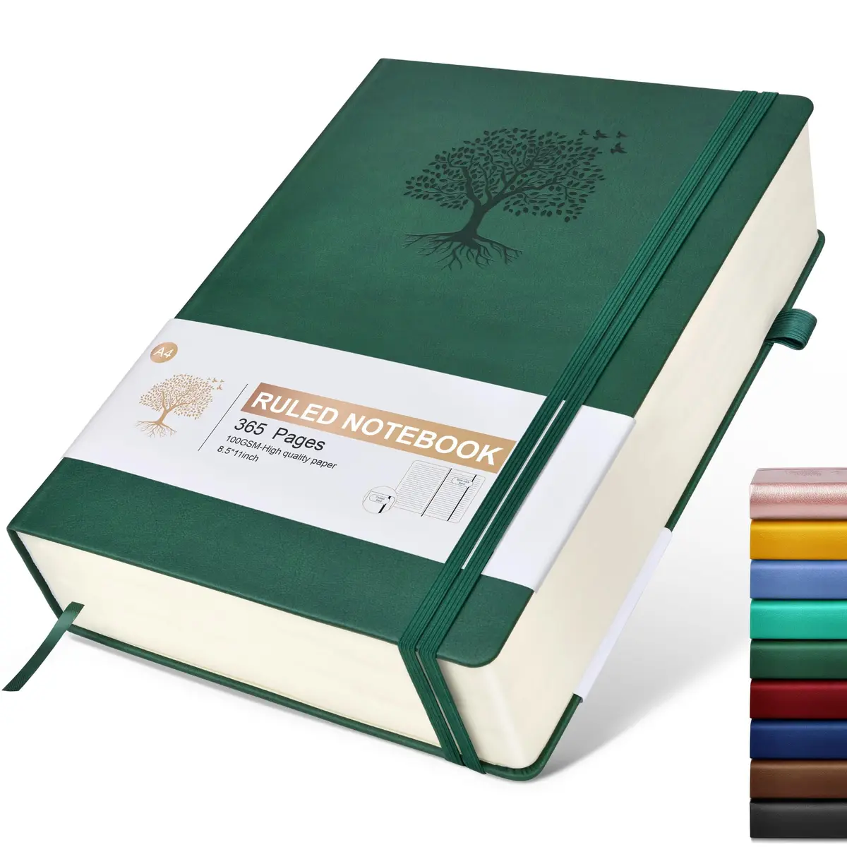 Ansopu Leather Journal Notebook 365 Pages A4 Green | Thick 100Gsm Ruled Hardcover - main product image
