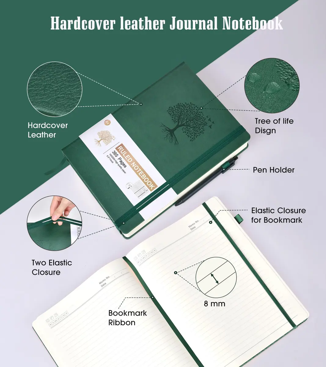 Ansopu Leather Journal Notebook 365 Pages A4 Green | Thick 100Gsm Ruled Hardcover - view 4