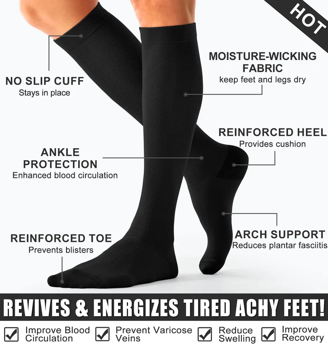 BLUEENJOY Compression Socks for Women & Men | Support for Running, Recovery & Flight (3 Pairs, Unisex, Large-X-Large) - view 7