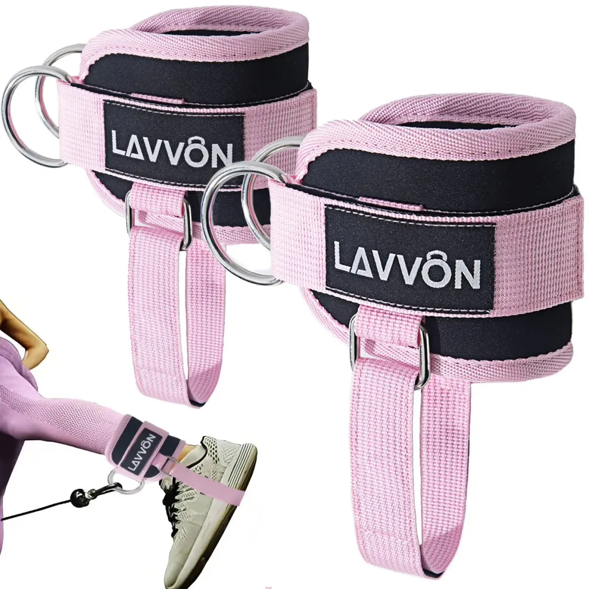 LAVVON Padded Ankle Straps for Cable Machines - Glute Kickback Workout Cuffs (Pink, 1 Pair) - main product image