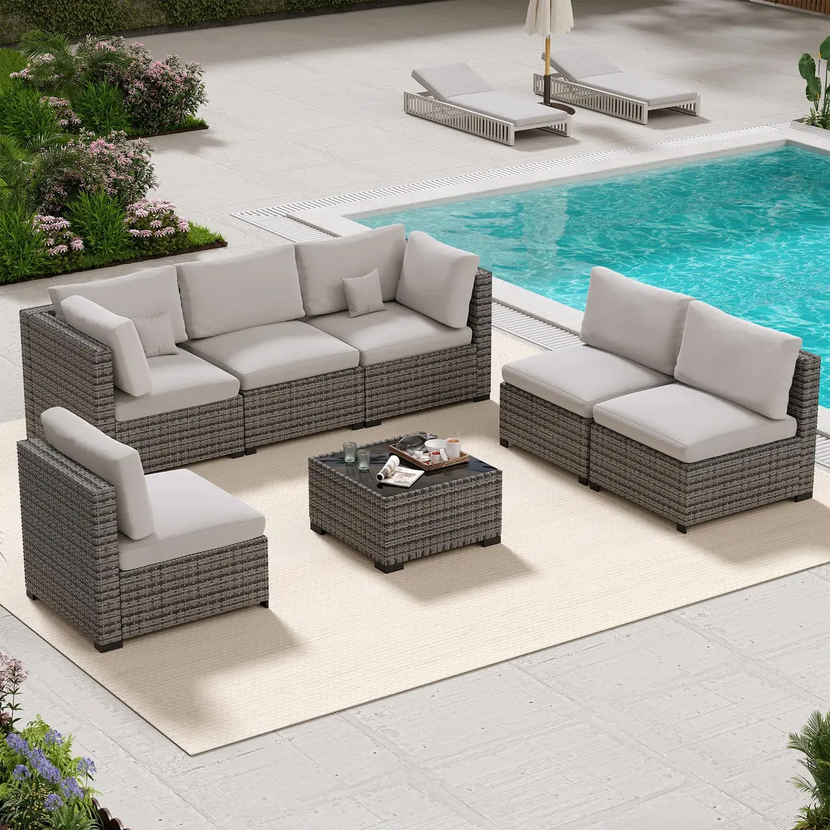 LHBcraft 7 Piece Patio Outdoor Furniture Set | All-Weather Wicker Sectional with Grey Cushions & Glass Coffee Table - main product image