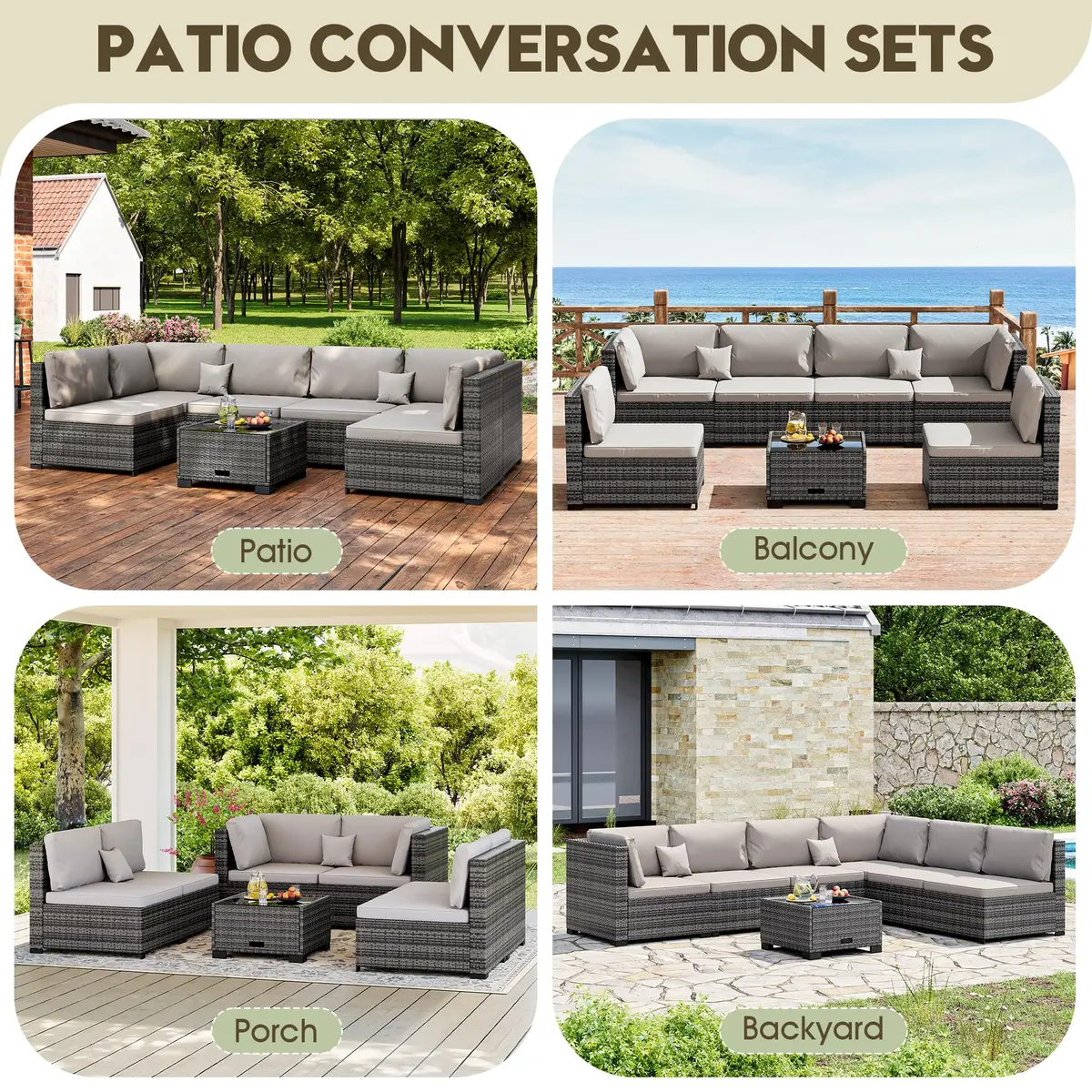 LHBcraft 7 Piece Patio Outdoor Furniture Set | All-Weather Wicker Sectional with Grey Cushions & Glass Coffee Table - view 5