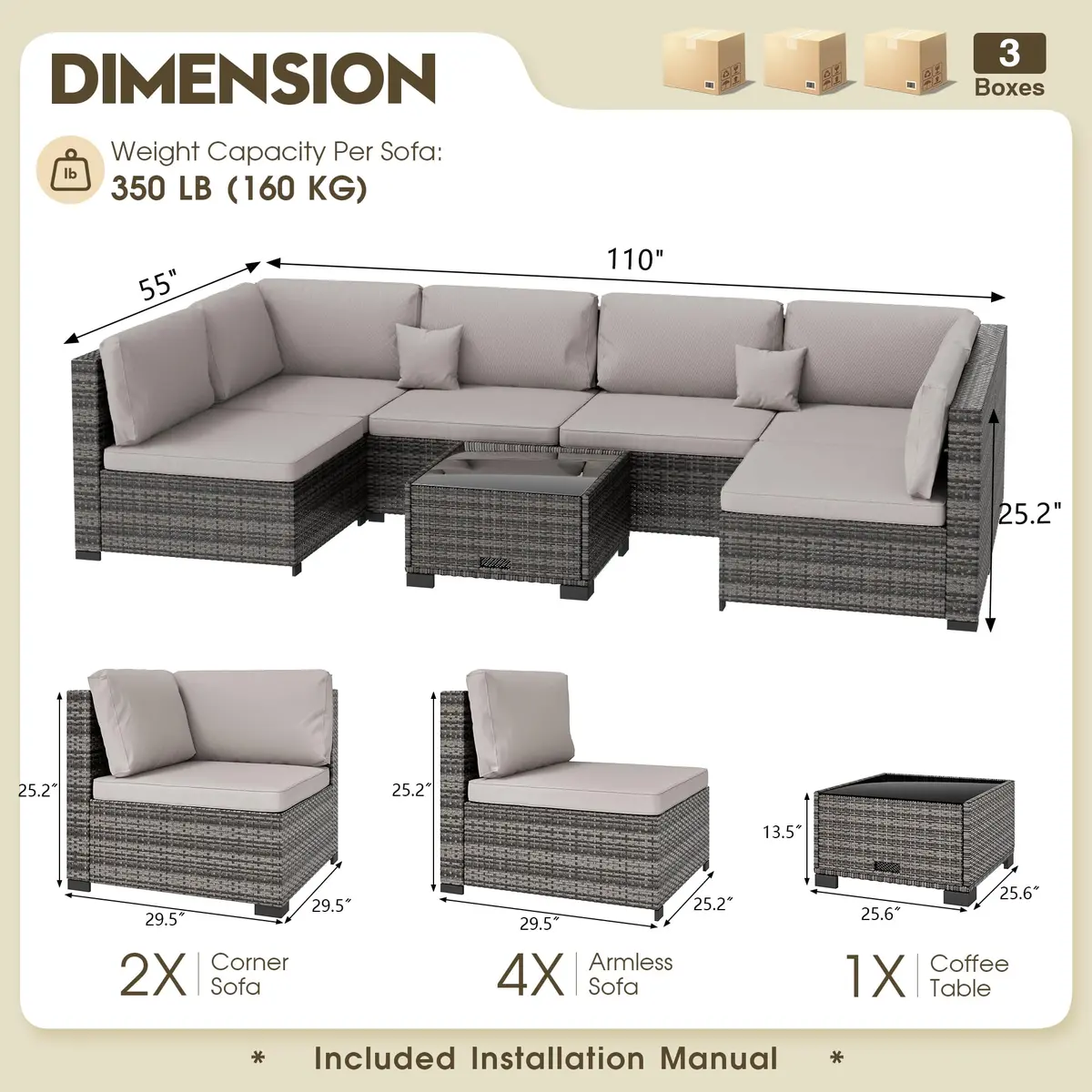 LHBcraft 7 Piece Patio Outdoor Furniture Set | All-Weather Wicker Sectional with Grey Cushions & Glass Coffee Table - view 6