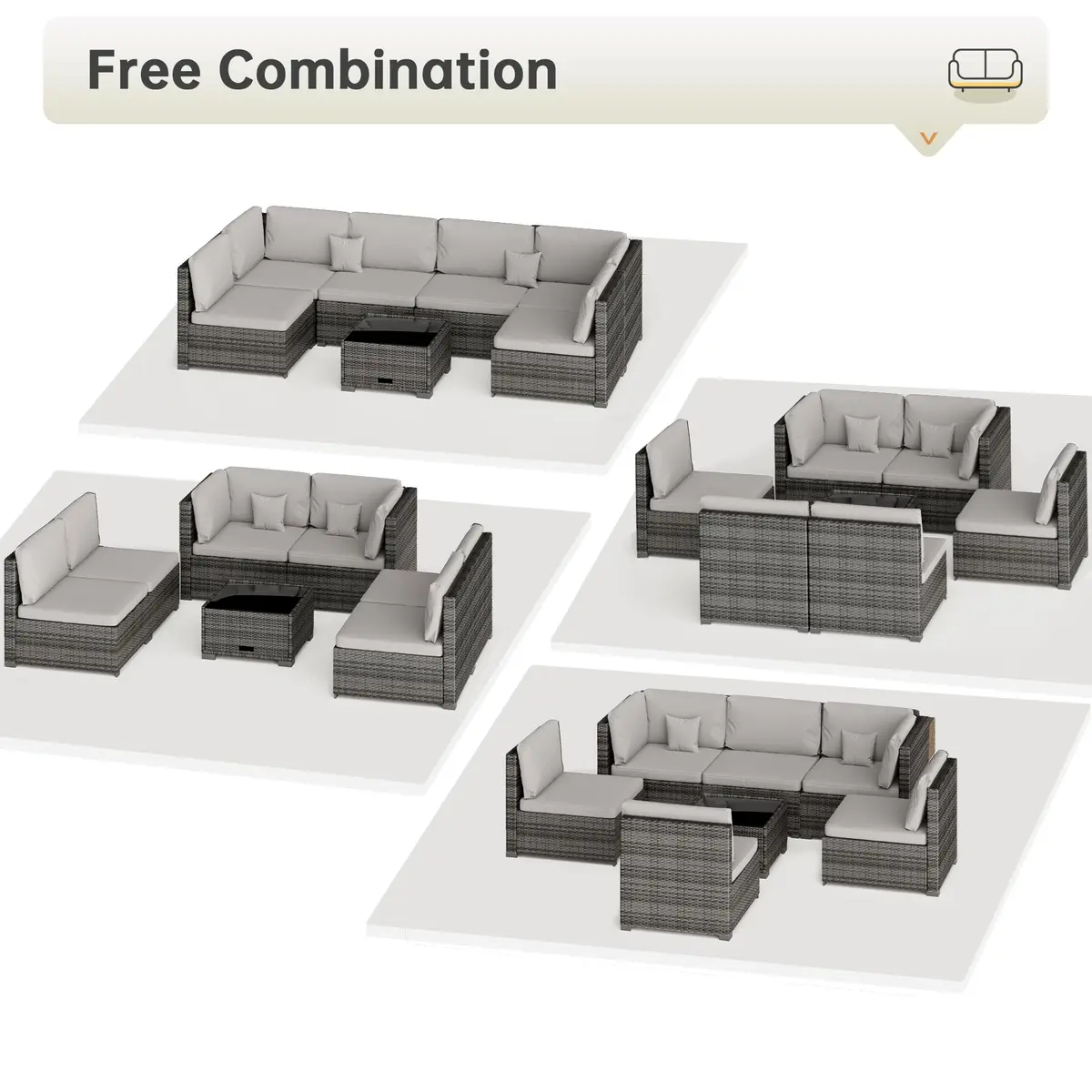 LHBcraft 7 Piece Patio Outdoor Furniture Set | All-Weather Wicker Sectional with Grey Cushions & Glass Coffee Table - view 7