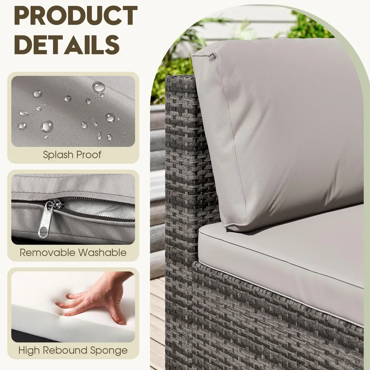 LHBcraft 7 Piece Patio Outdoor Furniture Set | All-Weather Wicker Sectional with Grey Cushions & Glass Coffee Table - view 2