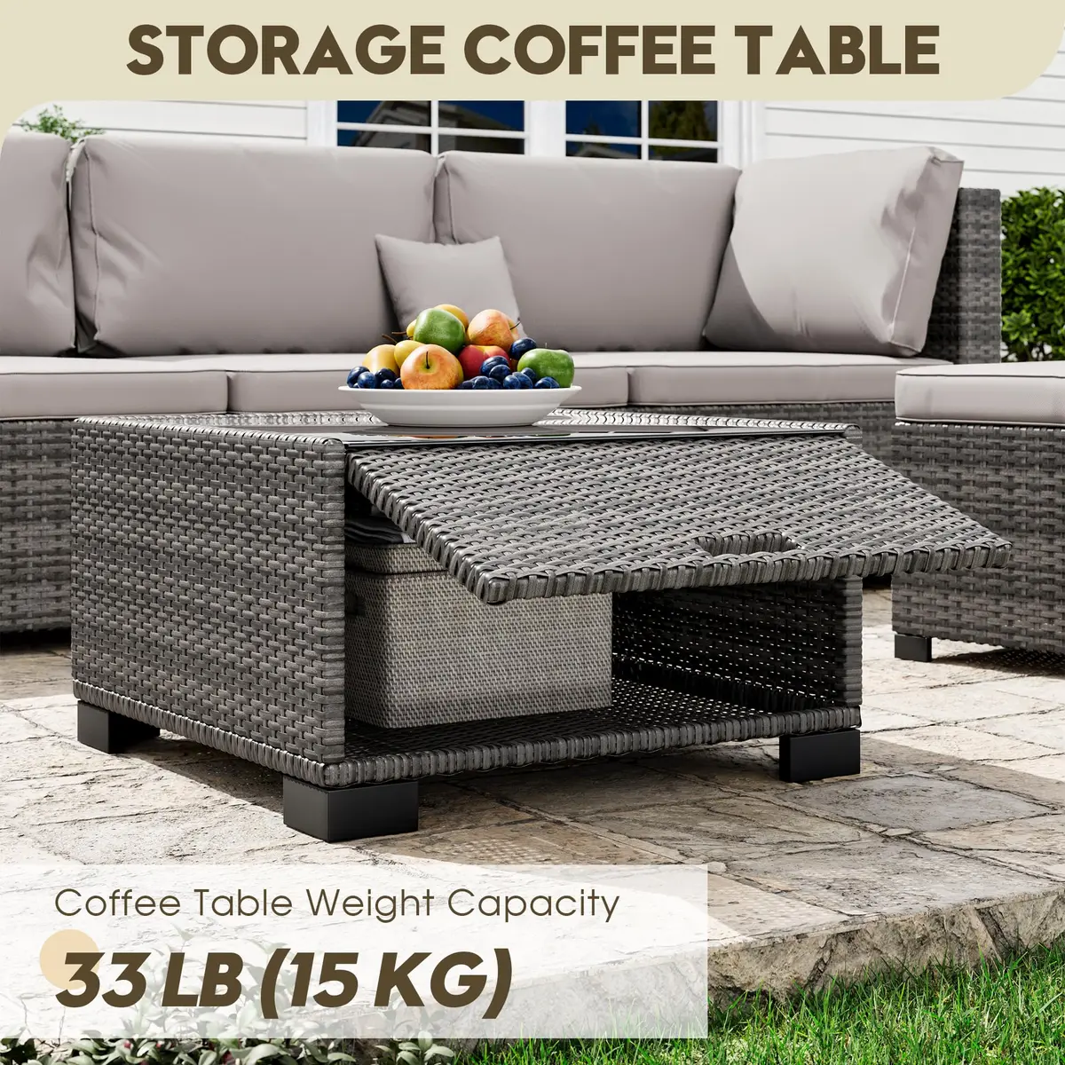 LHBcraft 7 Piece Patio Outdoor Furniture Set | All-Weather Wicker Sectional with Grey Cushions & Glass Coffee Table - view 3