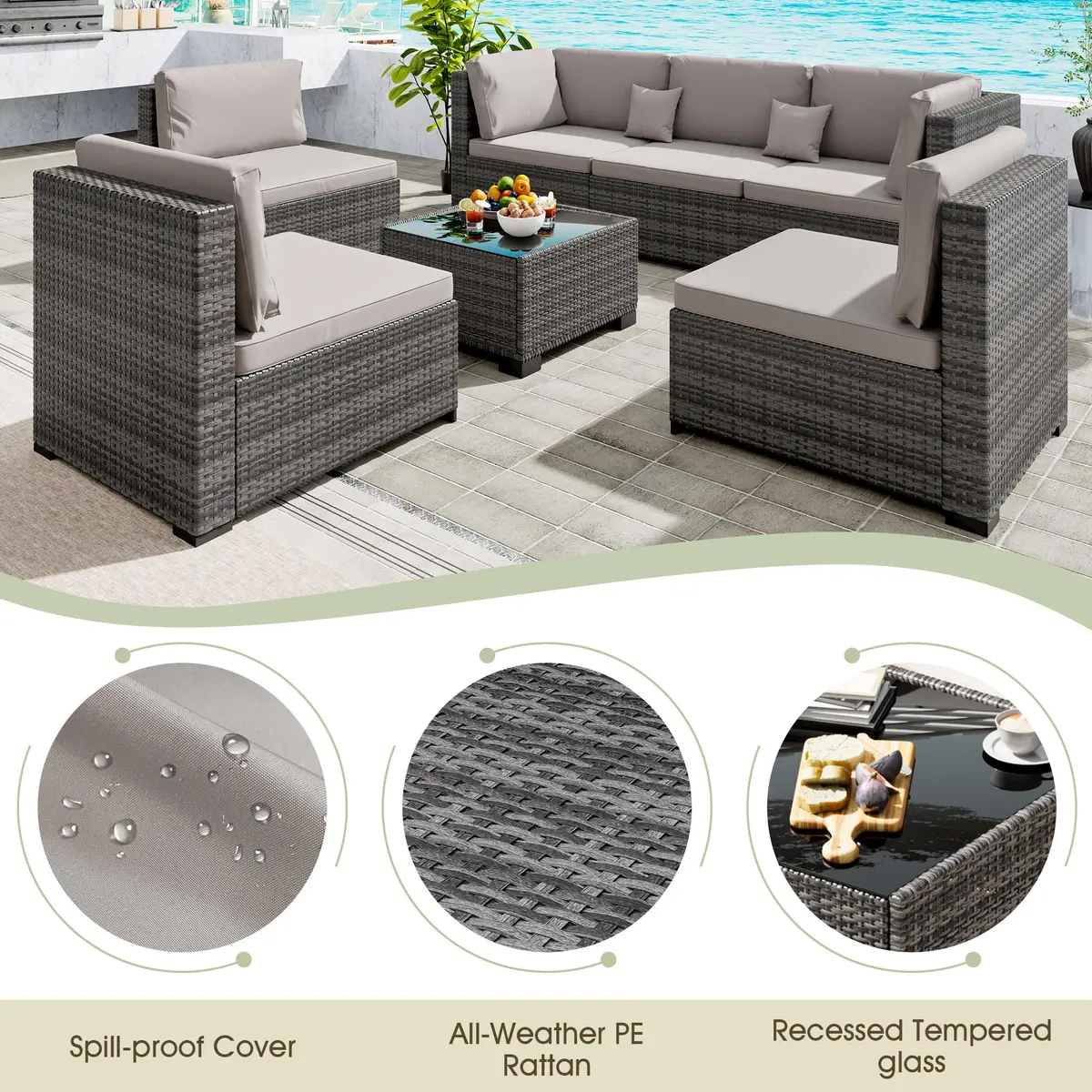 LHBcraft 7 Piece Patio Outdoor Furniture Set | All-Weather Wicker Sectional with Grey Cushions & Glass Coffee Table - view 4