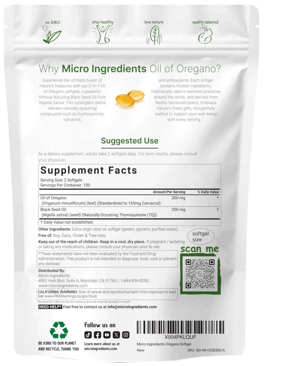 Micro Ingredients Oil of Oregano with Black Seed Oil Softgels 300 Count (150 Servings) | Potent 2-in-1 Complex with 4X Carvacrol - view 7