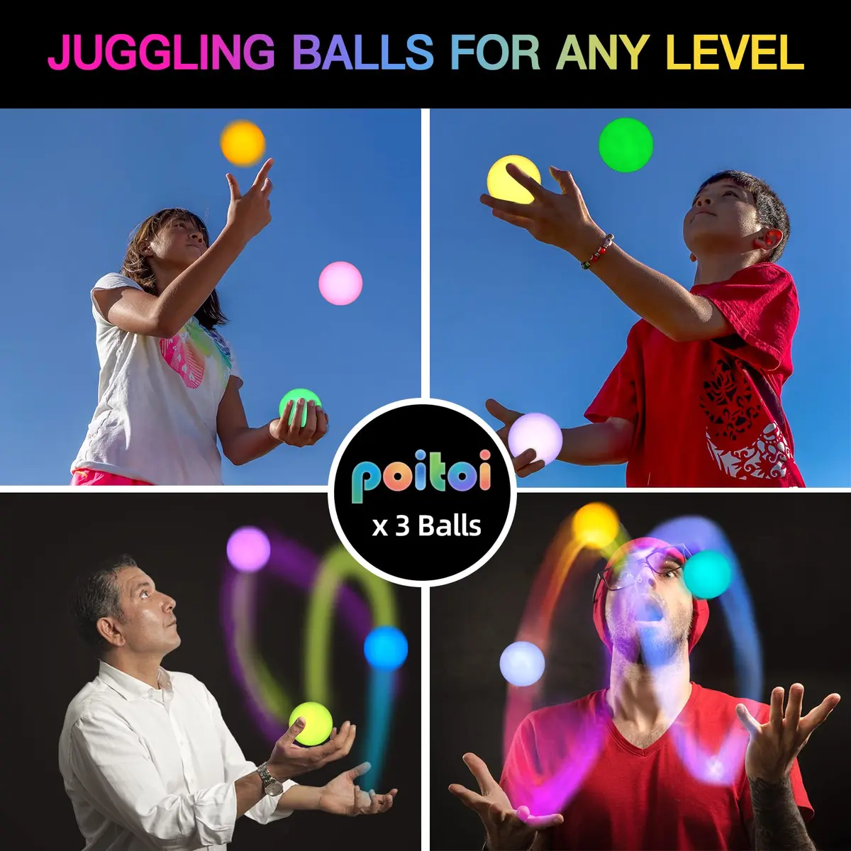 POITOI Juggling Balls Light Up Glow in The Dark LED Set 105g | 11 Color Modes, USB Rechargeable - view 6