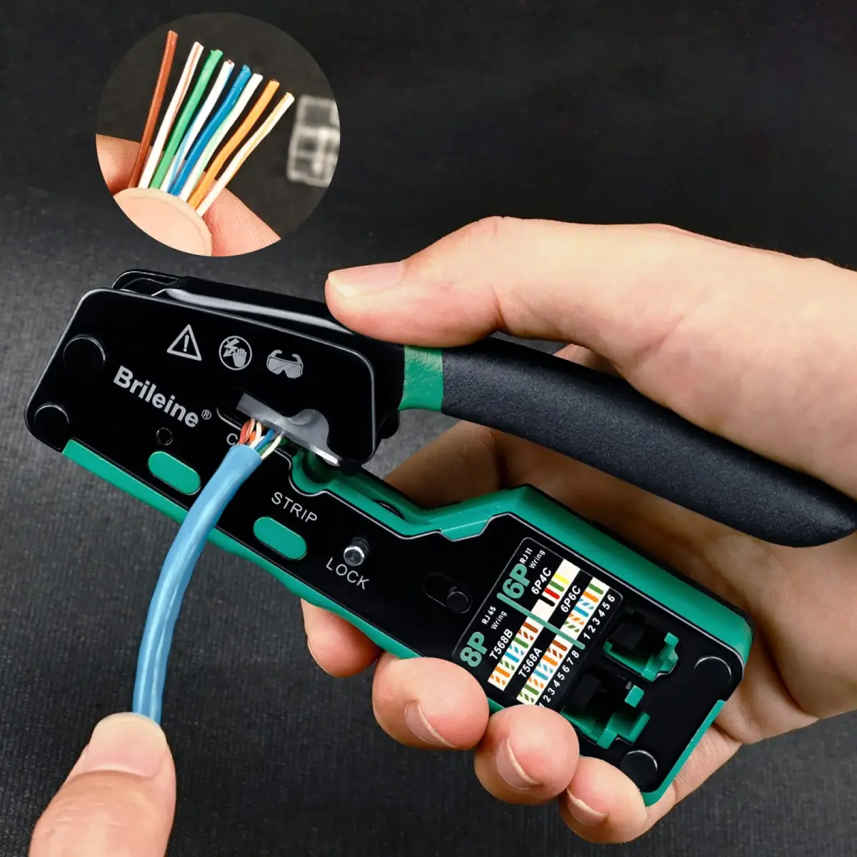 Brileine RJ45 Crimp Tool Pass Through Kit Ethernet Crimper Cat5 Cat5e Cat6 with Network Cable Tester & 100 Connectors (Green) - view 5