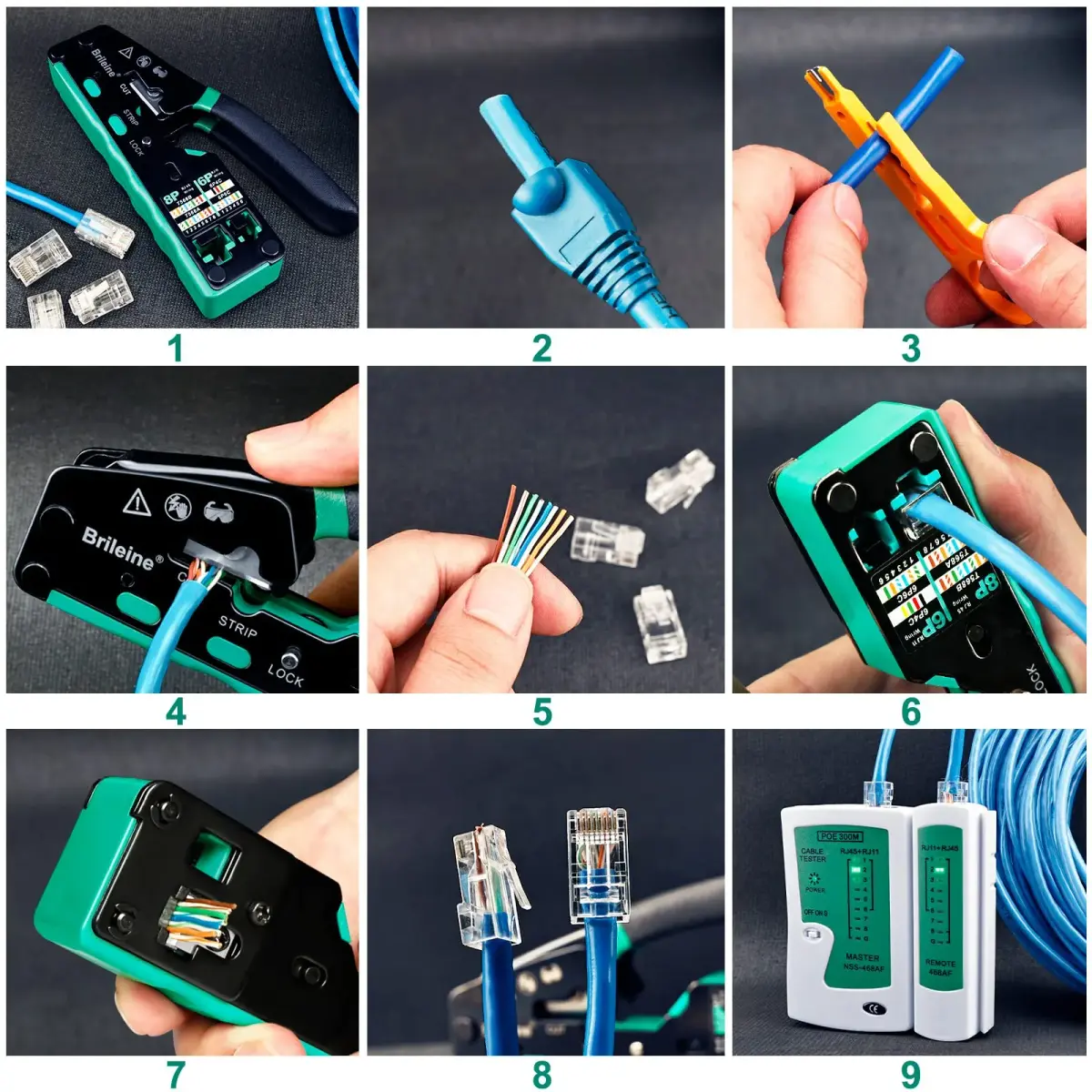 Brileine RJ45 Crimp Tool Pass Through Kit Ethernet Crimper Cat5 Cat5e Cat6 with Network Cable Tester & 100 Connectors (Green) - view 6