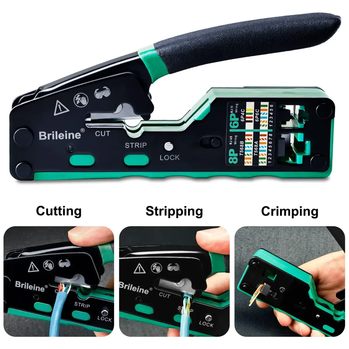 Brileine RJ45 Crimp Tool Pass Through Kit Ethernet Crimper Cat5 Cat5e Cat6 with Network Cable Tester & 100 Connectors (Green) - view 2