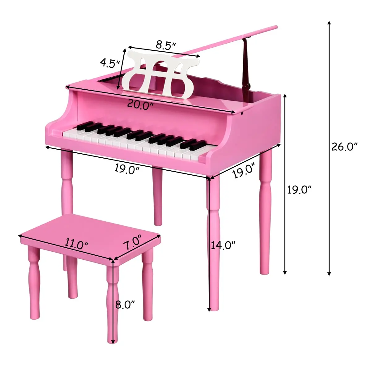 HONEY JOY Classical Kids Piano 30-Key Mini Grand Pink | Wooden Musical Toy for Ages 3+ - view 6