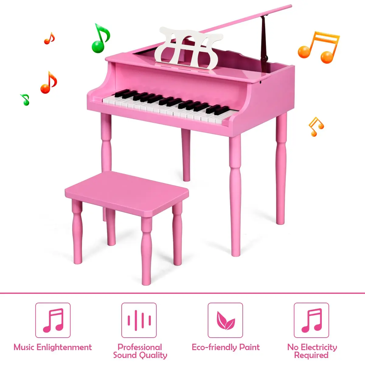 HONEY JOY Classical Kids Piano 30-Key Mini Grand Pink | Wooden Musical Toy for Ages 3+ - view 7