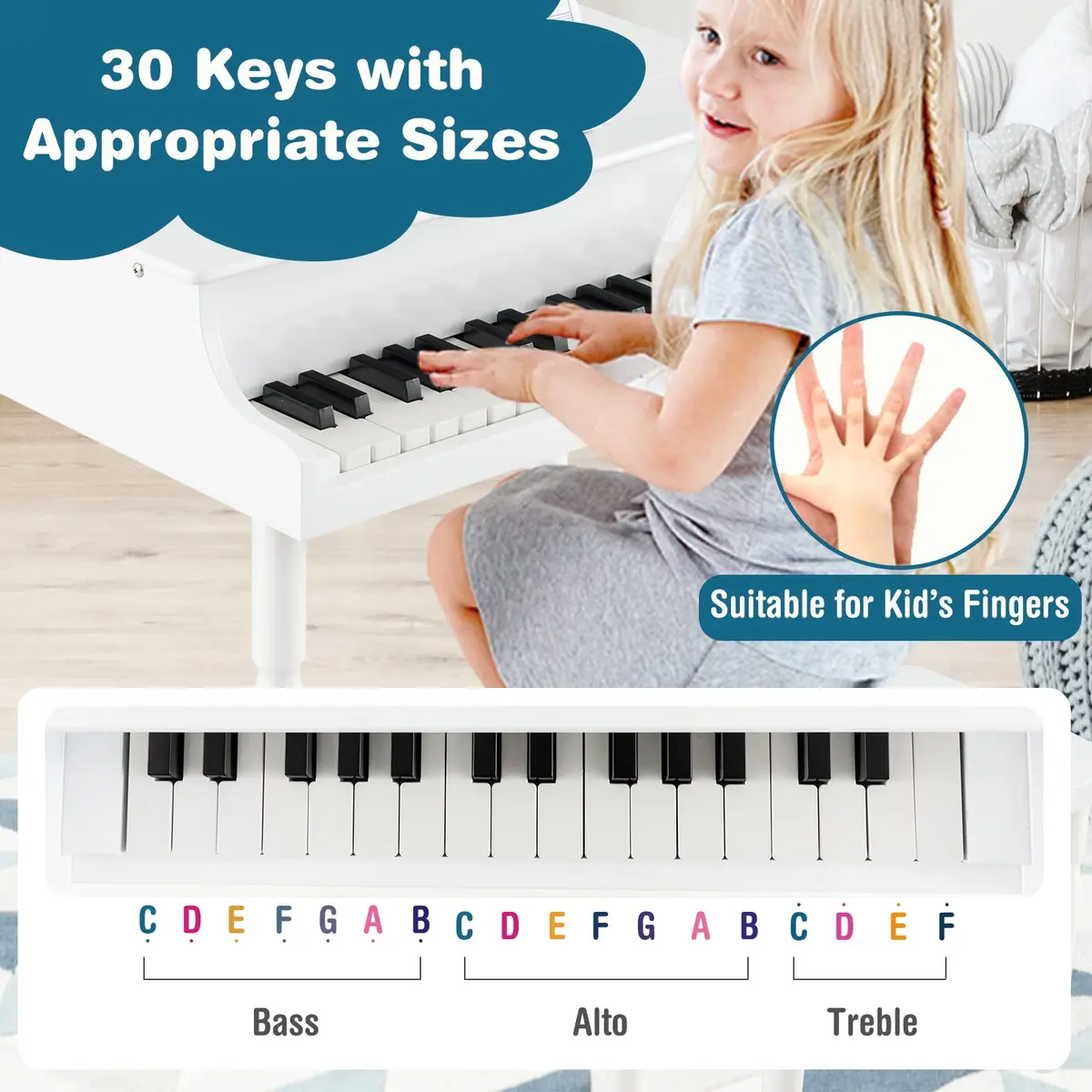 HONEY JOY Classical Kids Piano 30-Key Mini Grand Piano with Music Stand & Bench, Wooden Musical Instrument Toy for Ages 3+ - view 5