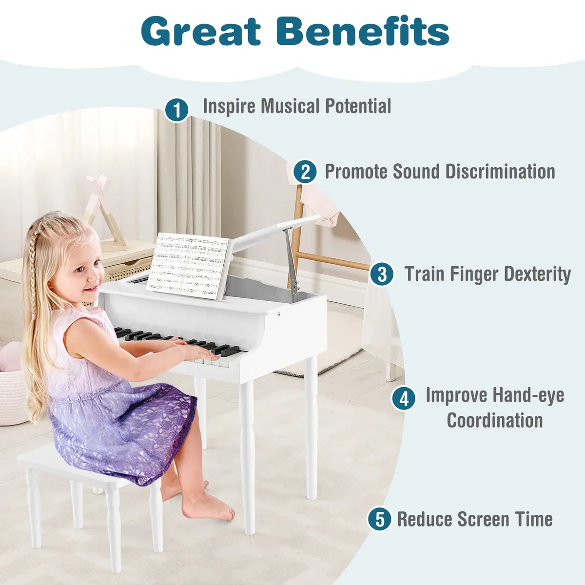HONEY JOY Classical Kids Piano 30-Key Mini Grand Piano with Music Stand & Bench, Wooden Musical Instrument Toy for Ages 3+ - view 7