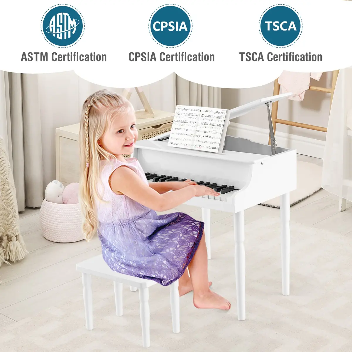 HONEY JOY Classical Kids Piano 30-Key Mini Grand Piano with Music Stand & Bench, Wooden Musical Instrument Toy for Ages 3+ - view 8