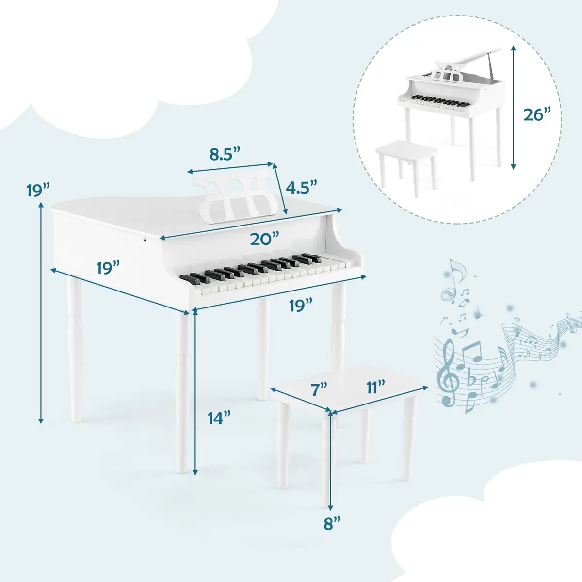 HONEY JOY Classical Kids Piano 30-Key Mini Grand Piano with Music Stand & Bench, Wooden Musical Instrument Toy for Ages 3+ - view 4