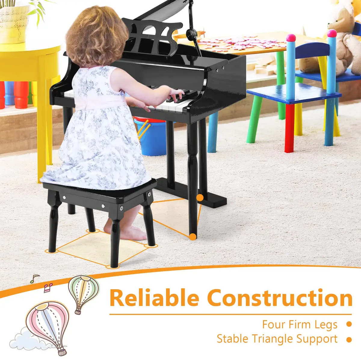 HONEY JOY Classical Kids Piano 30-Key Mini Grand Piano Black | Wooden Musical Instrument Toy for Ages 3+ - view 5