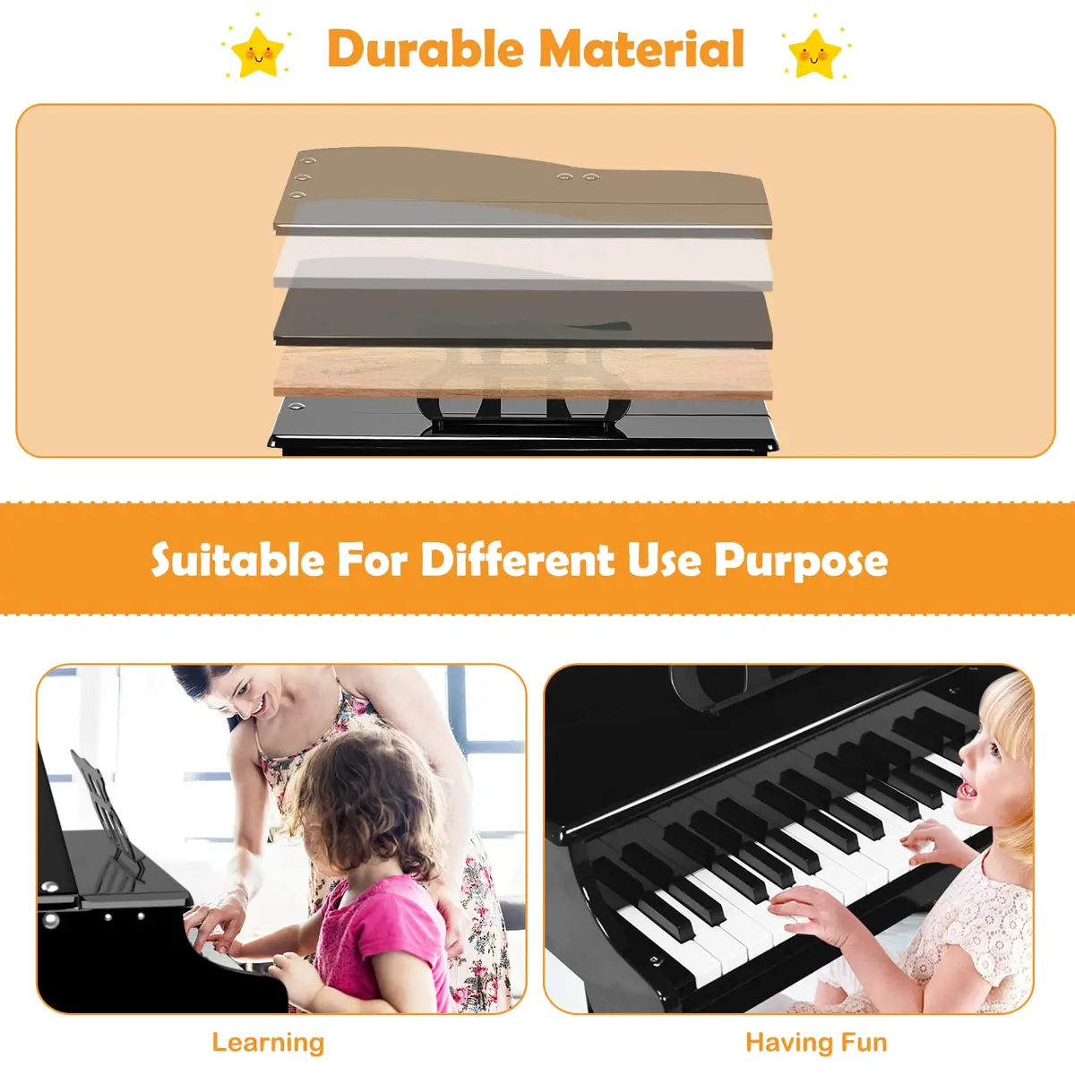 HONEY JOY Classical Kids Piano 30-Key Mini Grand Piano Black | Wooden Musical Instrument Toy for Ages 3+ - view 6