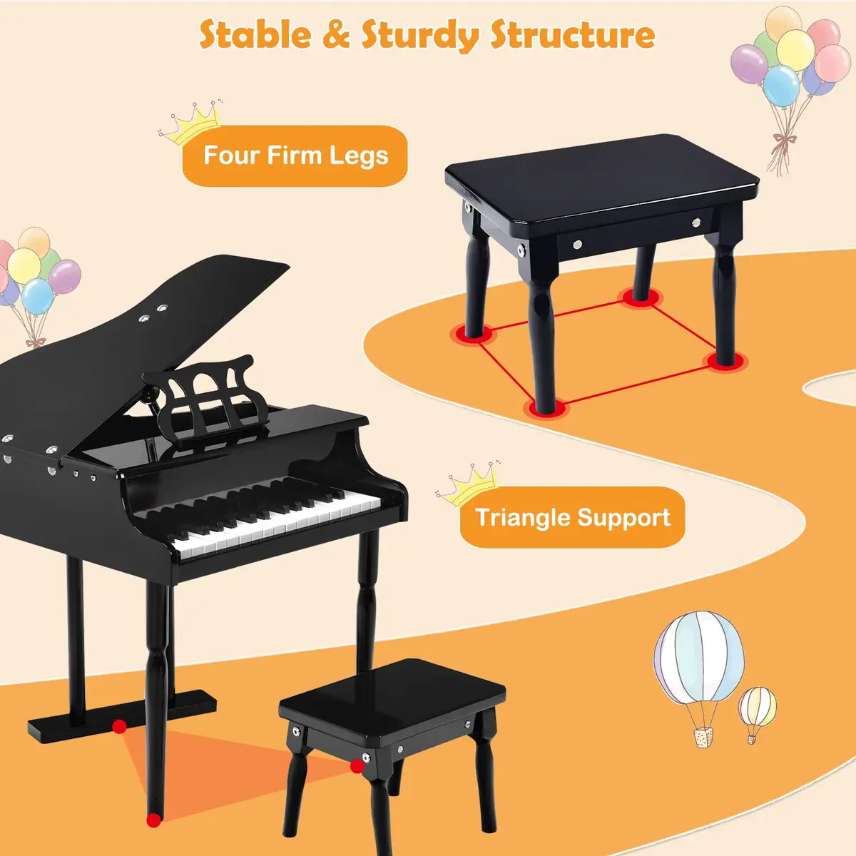 HONEY JOY Classical Kids Piano 30-Key Mini Grand Piano Black | Wooden Musical Instrument Toy for Ages 3+ - view 7