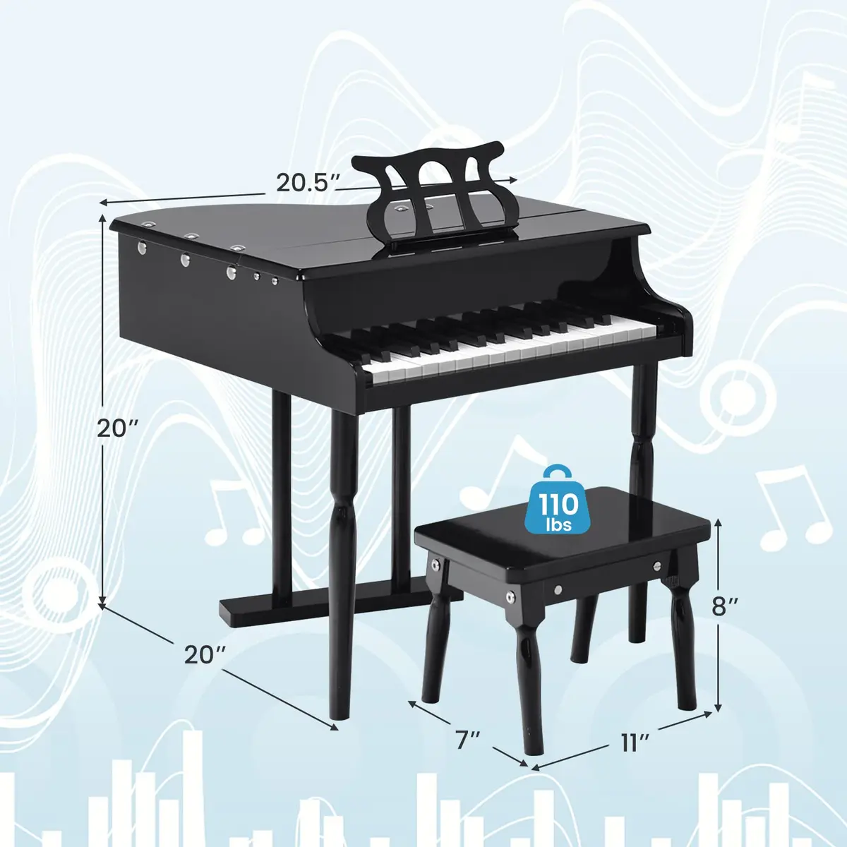 HONEY JOY Classical Kids Piano 30-Key Mini Grand Piano Black | Wooden Musical Instrument Toy for Ages 3+ - view 9