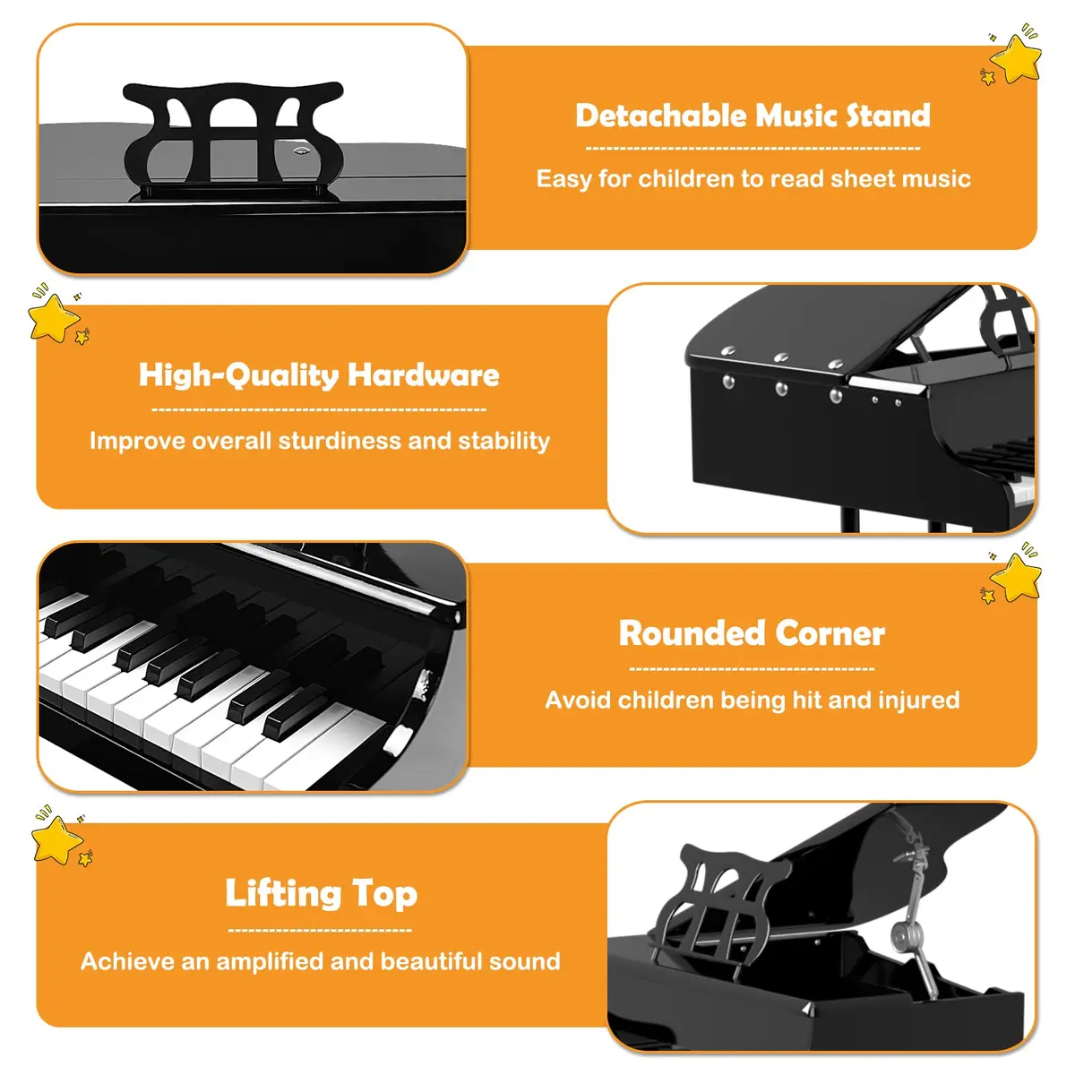HONEY JOY Classical Kids Piano 30-Key Mini Grand Piano Black | Wooden Musical Instrument Toy for Ages 3+ - view 3