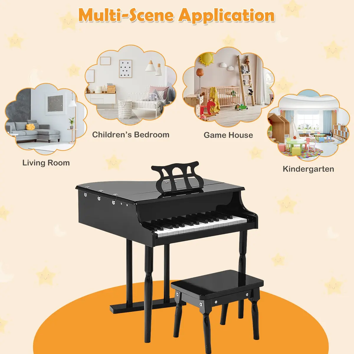 HONEY JOY Classical Kids Piano 30-Key Mini Grand Piano Black | Wooden Musical Instrument Toy for Ages 3+ - view 4