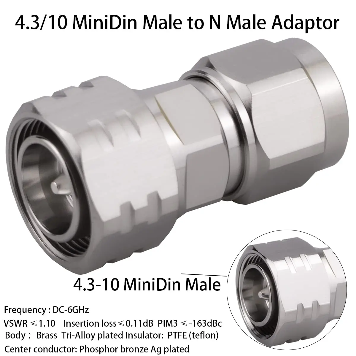 Whisary 4.3-10 Mini DIN Male to N Male Adapter 60g | Low PIM 163dBc RF Connector - view 2