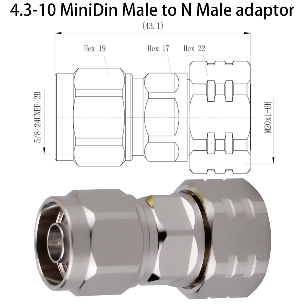 Whisary 4.3-10 Mini DIN Male to N Male Adapter 60g | Low PIM 163dBc RF Connector - view 4
