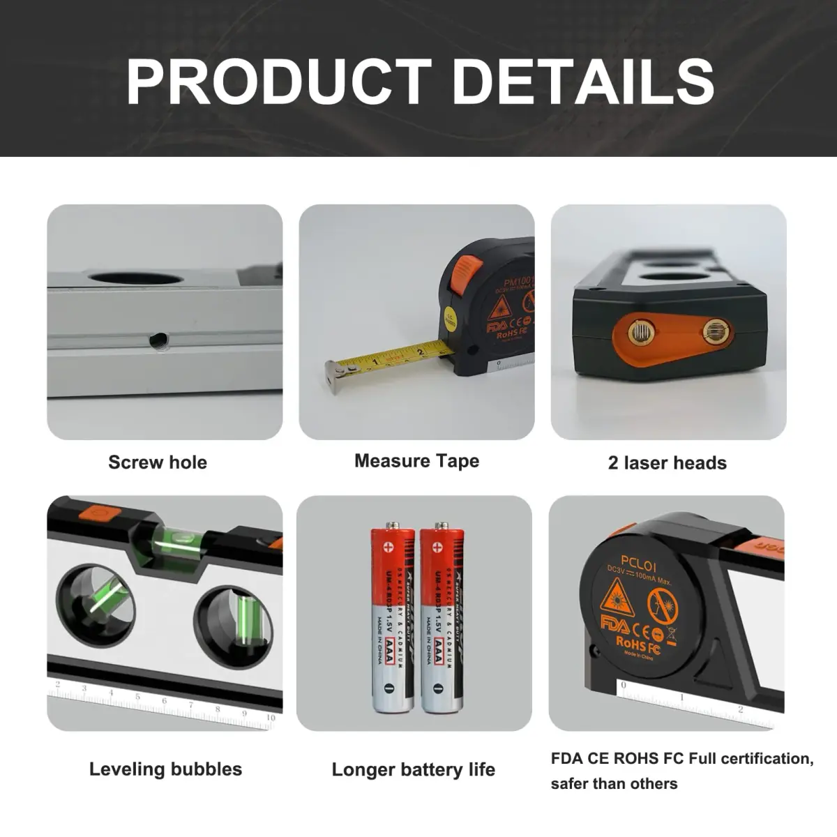 Ayitam 4-in-1 Laser Level Line Tool with Tape Ruler & Ruler Base, 21.6cm (8.5in) | Measures in Imperial & Metric - view 6