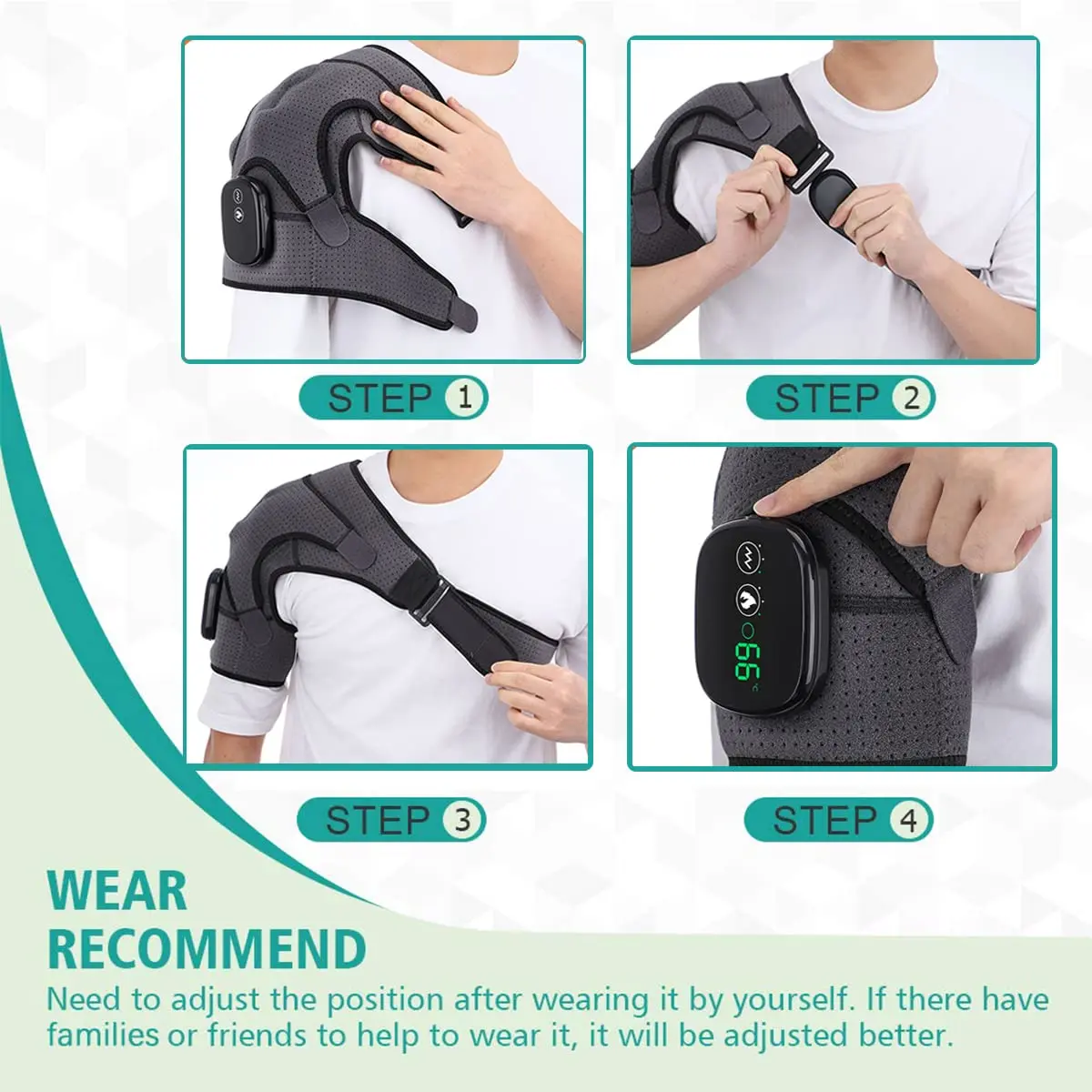 BINGONE Heated Shoulder Wrap with Vibration and Heat, 3 Settings, Cordless, Grey - view 7