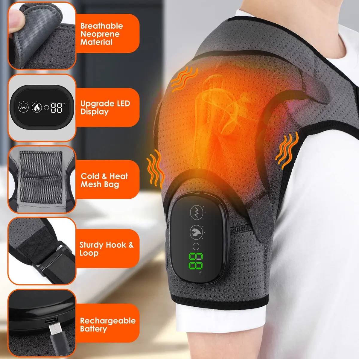 BINGONE Heated Shoulder Wrap with Vibration and Heat, 3 Settings, Cordless, Grey - view 3