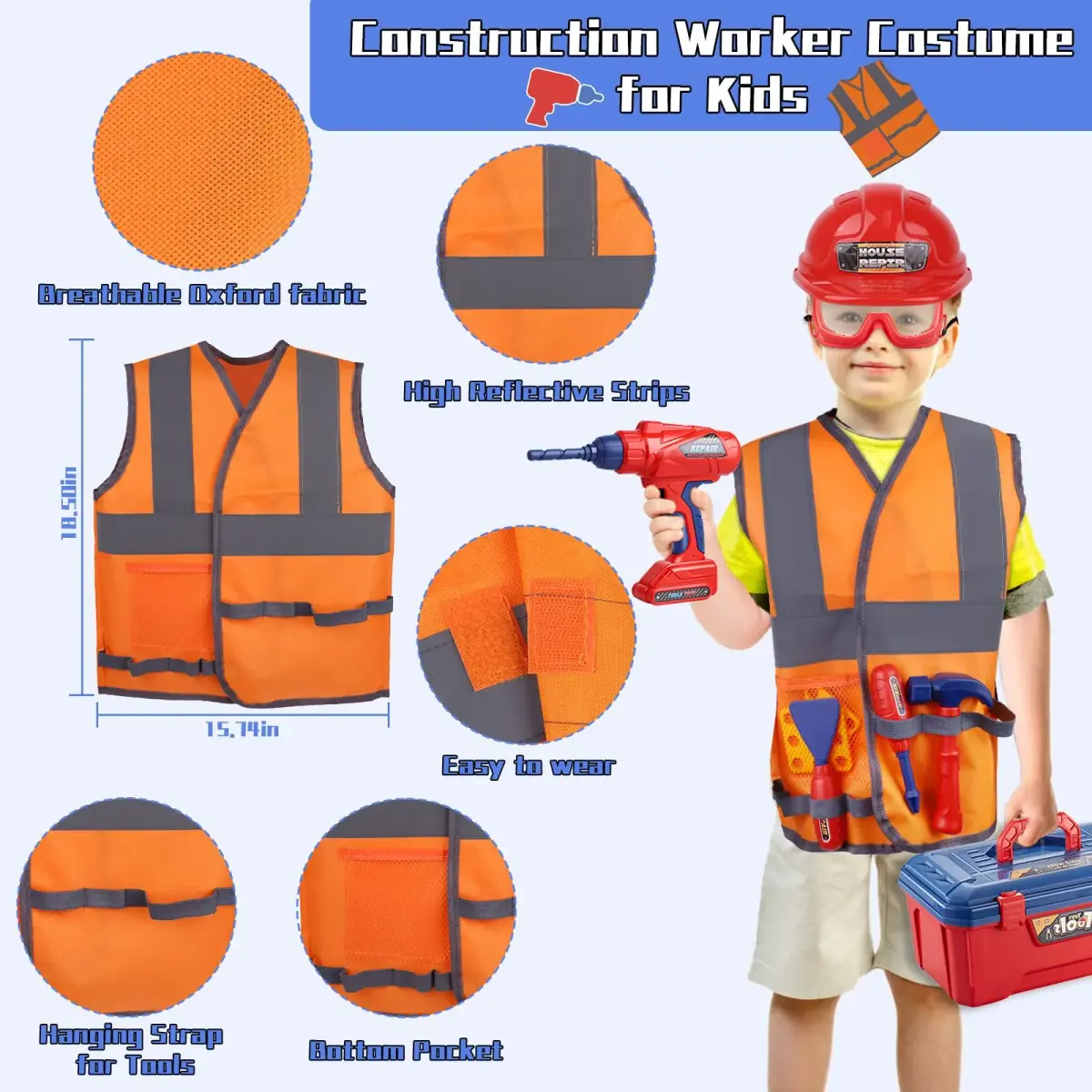 Magic4U Kids Tool Set 49PCS with Electric Drill, Safety Vest, Hat, Goggles | Pretend Play Toy for Ages 3+ - view 3