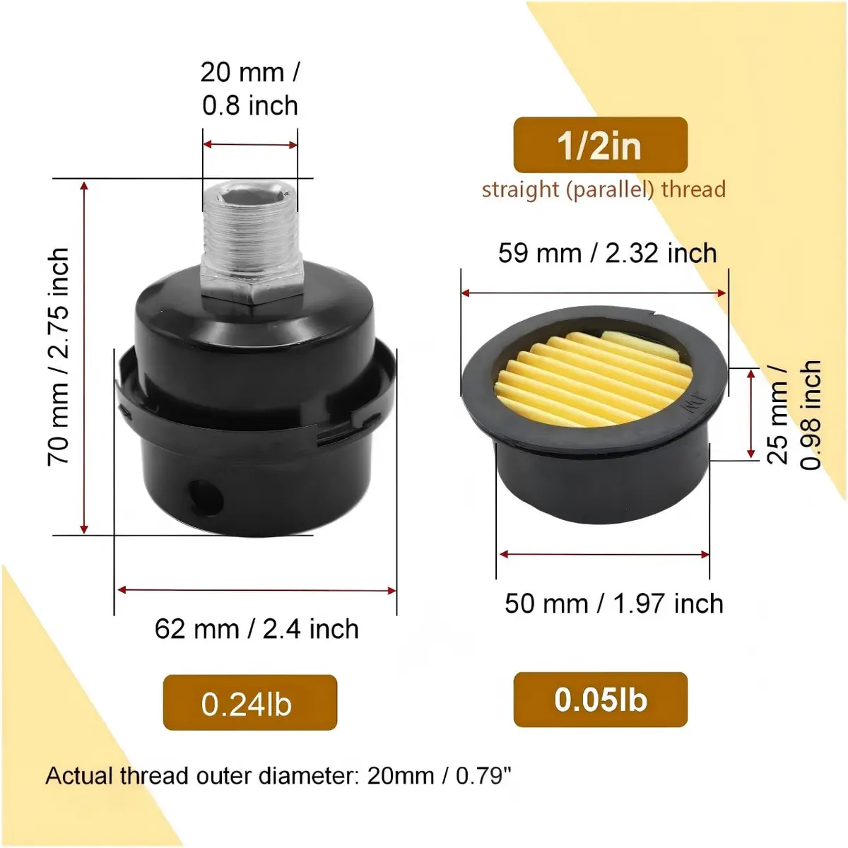 Joyangy 2-Pack 1/2" G (BSP Parallel) 20mm Air Compressor Intake Filter Muffler | Noise Reduction & Dust Blocking - view 2