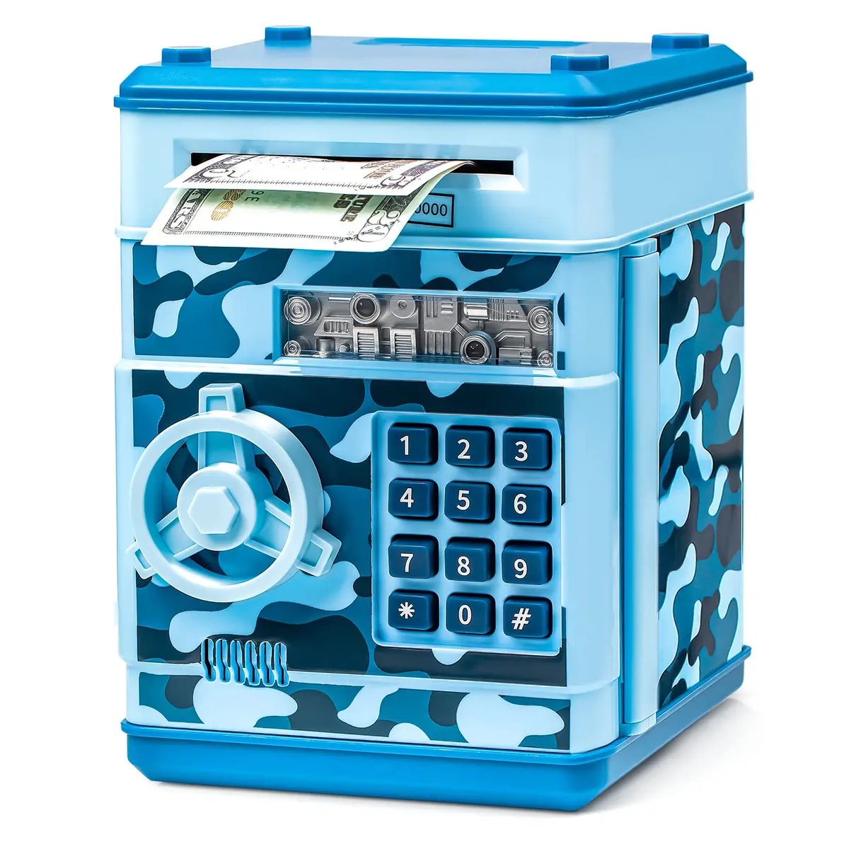 Vcertcpl ATM Piggy Bank Mini Safe with Password, Camouflage Light Blue 14.2cm (5.5in) | Educational Toy for Kids - main product image