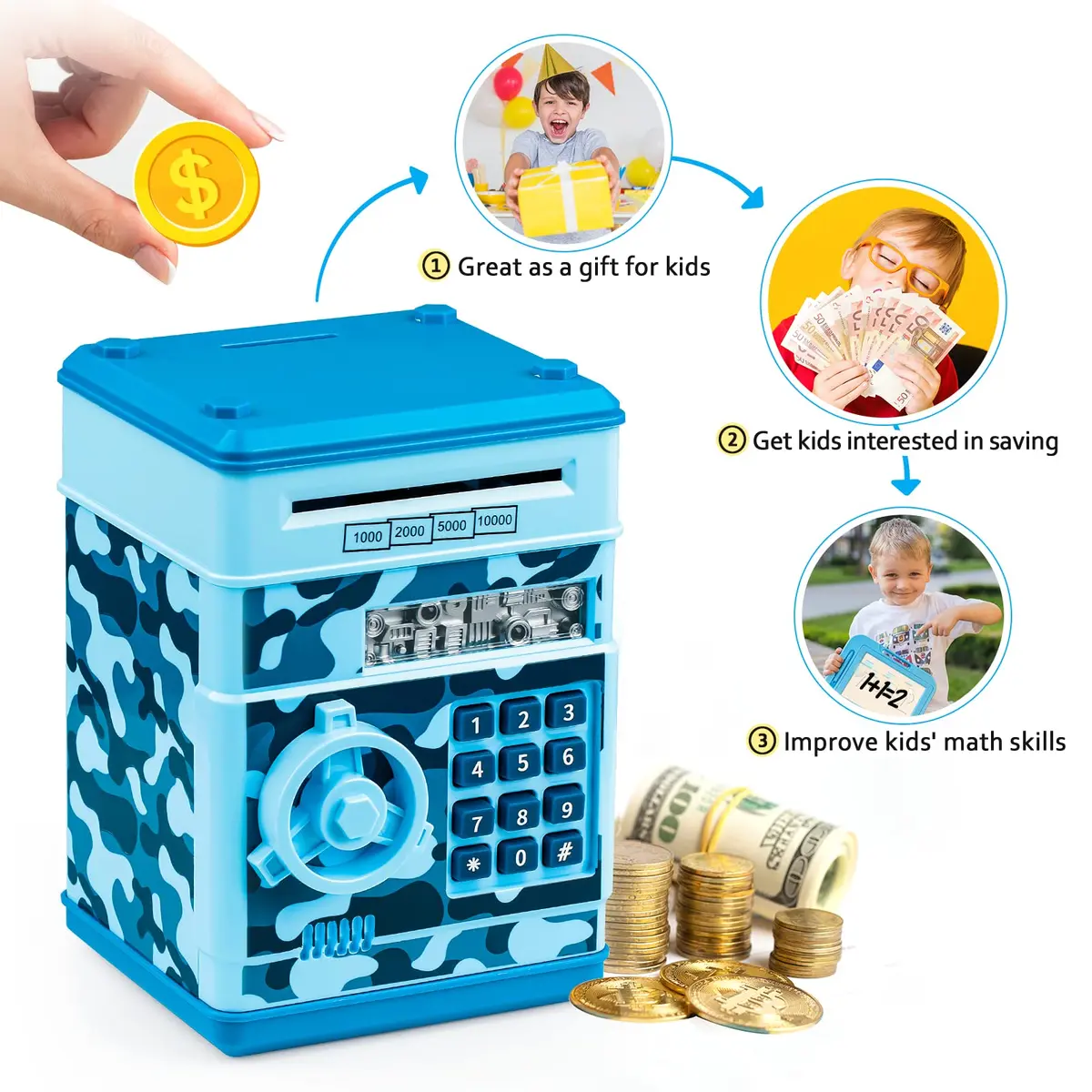 Vcertcpl ATM Piggy Bank Mini Safe with Password, Camouflage Light Blue 14.2cm (5.5in) | Educational Toy for Kids - view 5