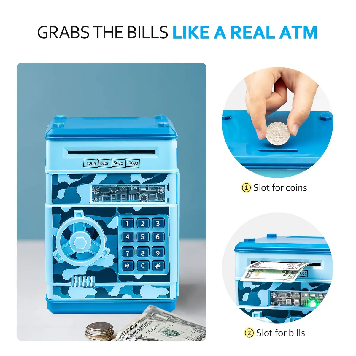 Vcertcpl ATM Piggy Bank Mini Safe with Password, Camouflage Light Blue 14.2cm (5.5in) | Educational Toy for Kids - view 6