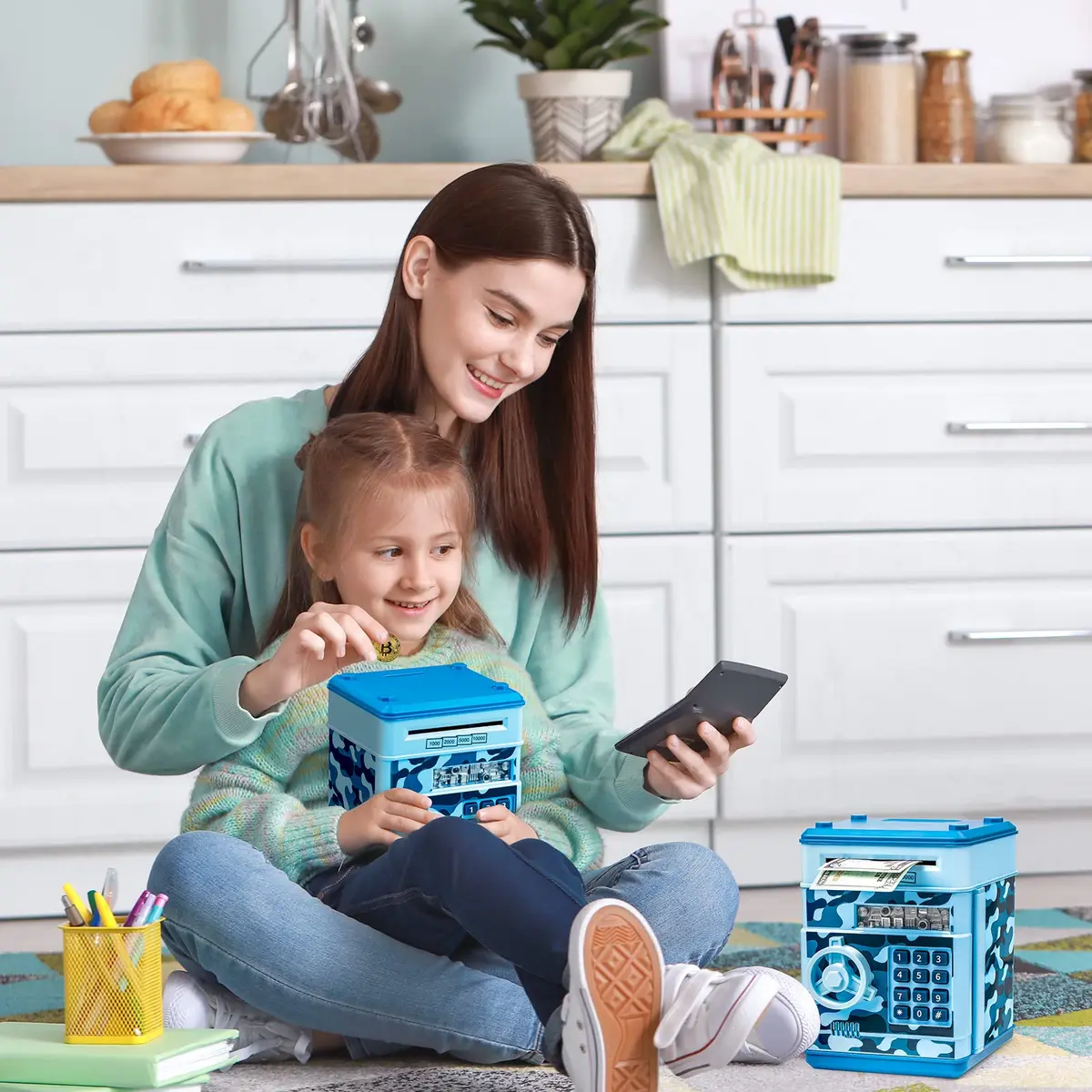 Vcertcpl ATM Piggy Bank Mini Safe with Password, Camouflage Light Blue 14.2cm (5.5in) | Educational Toy for Kids - view 7