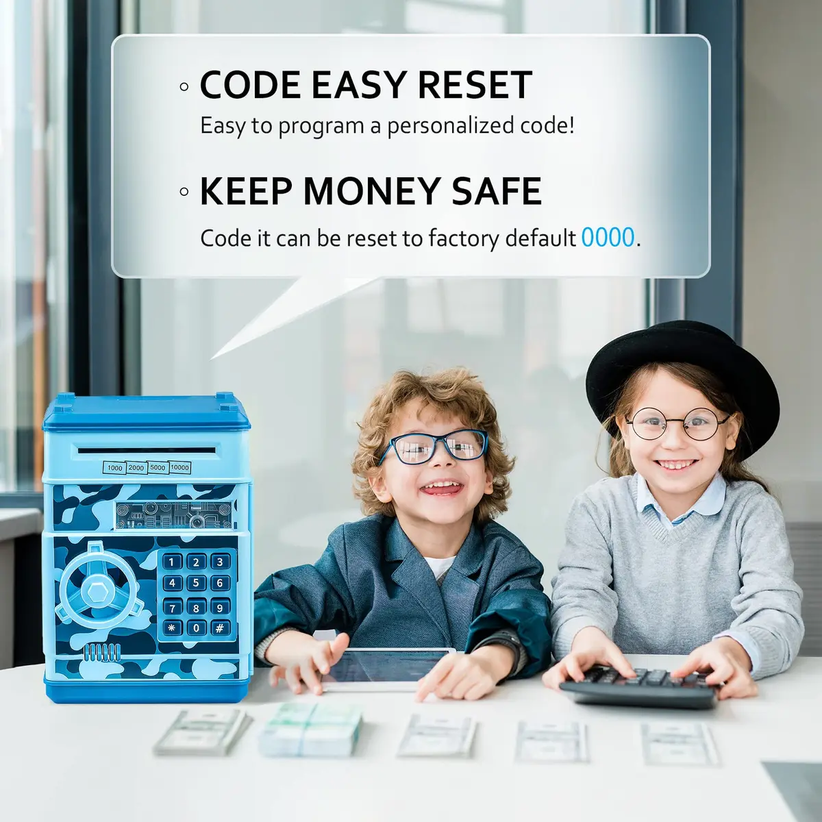 Vcertcpl ATM Piggy Bank Mini Safe with Password, Camouflage Light Blue 14.2cm (5.5in) | Educational Toy for Kids - view 2