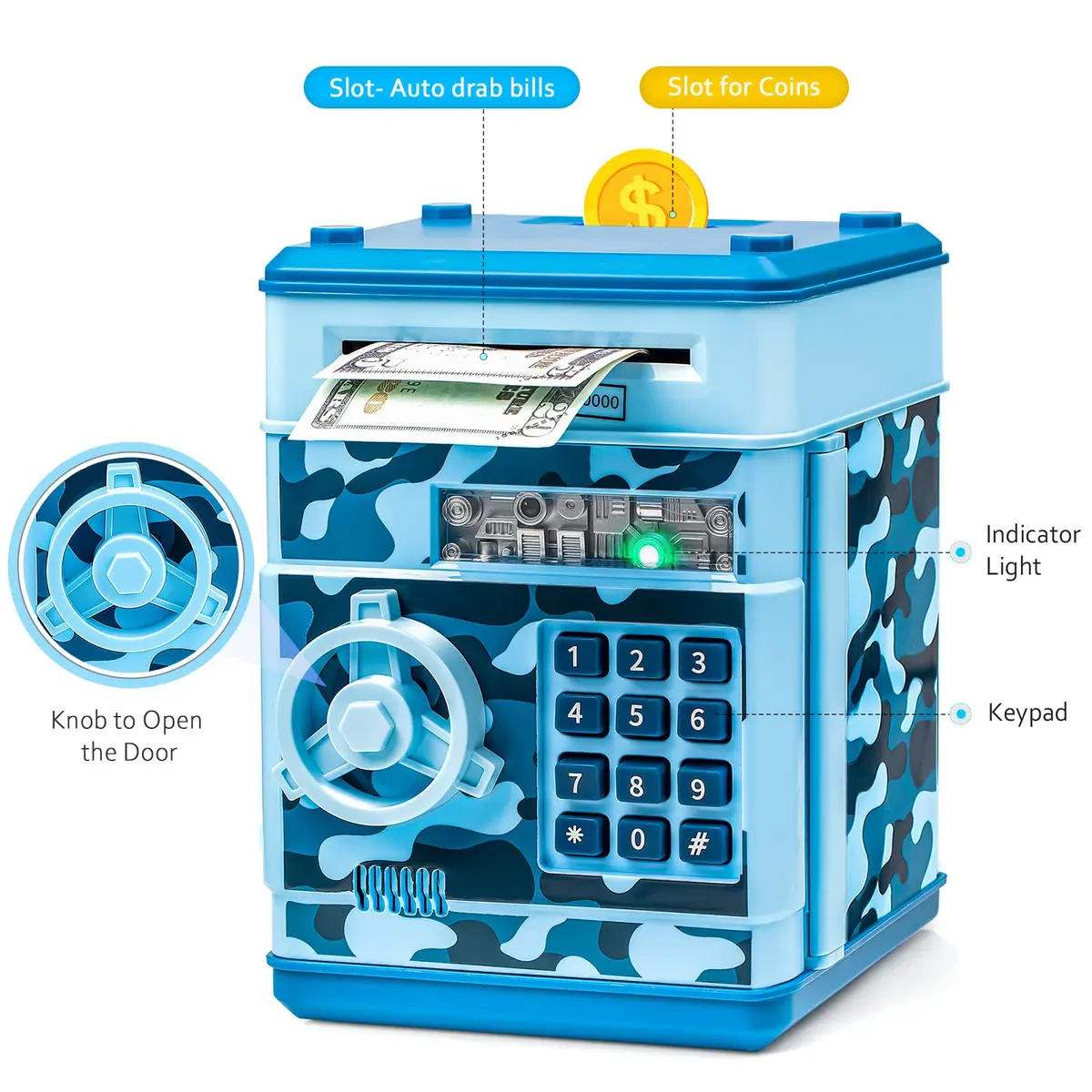 Vcertcpl ATM Piggy Bank Mini Safe with Password, Camouflage Light Blue 14.2cm (5.5in) | Educational Toy for Kids - view 3
