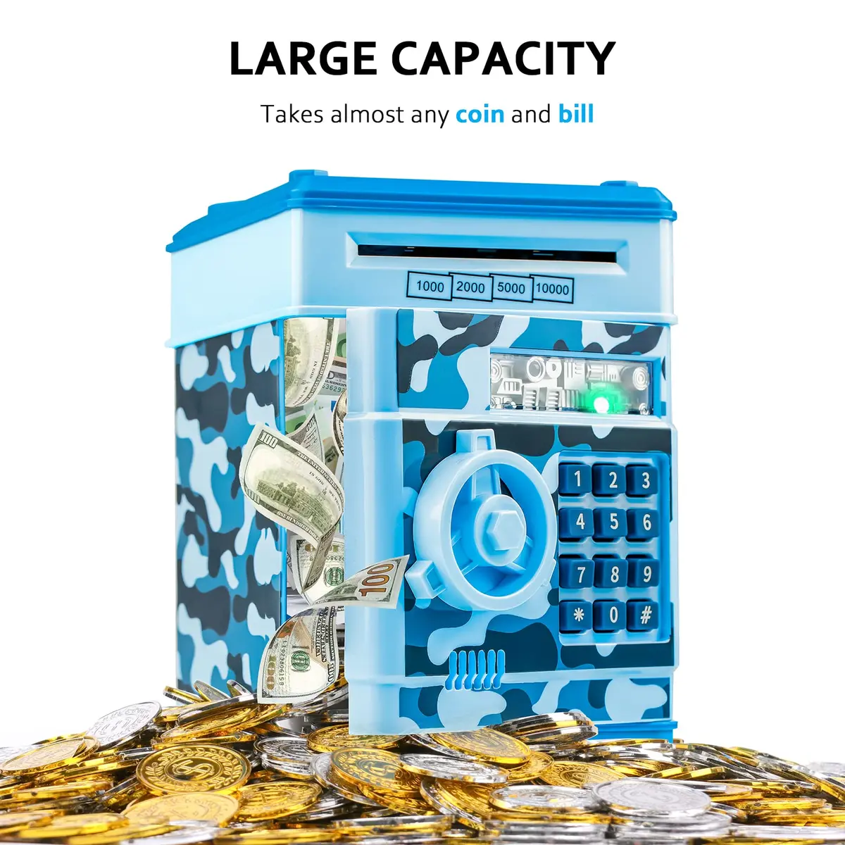 Vcertcpl ATM Piggy Bank Mini Safe with Password, Camouflage Light Blue 14.2cm (5.5in) | Educational Toy for Kids - view 4