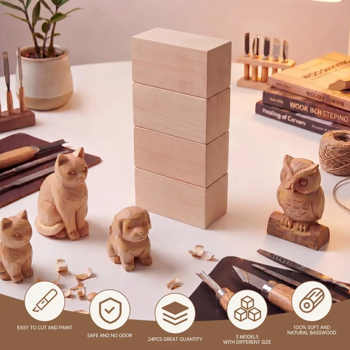 PONGJA Basswood Carving Blocks 15.24 x 7.62 x 7.62 cm (6 x 3 x 3 inches) | Soft Wood for Beginners & DIY Crafts - view 4