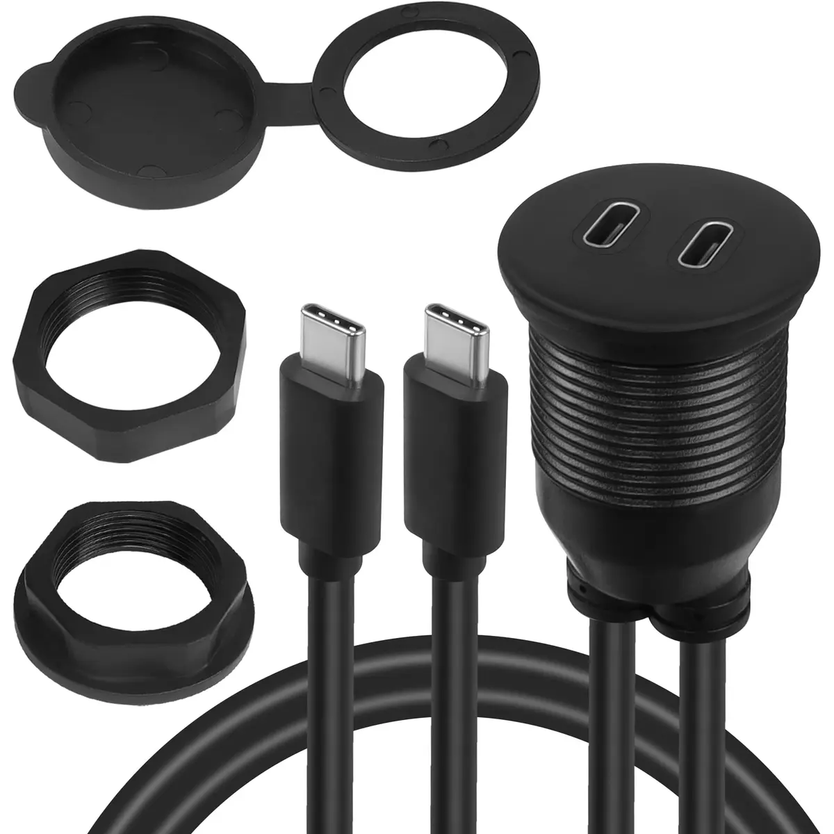 QIANRENON Dual USB C Threaded Flush Mount Waterproof Cable 1m (3.3ft) | 10Gbps Data & 4K Video Support - main product image