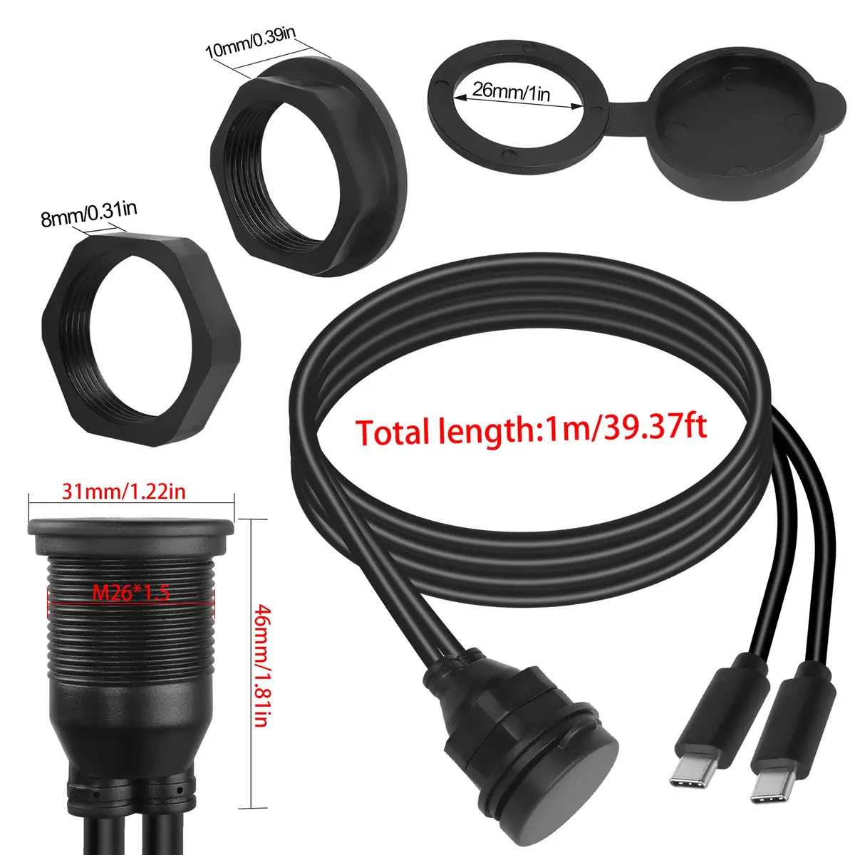 QIANRENON Dual USB C Threaded Flush Mount Waterproof Cable 1m (3.3ft) | 10Gbps Data & 4K Video Support - view 7