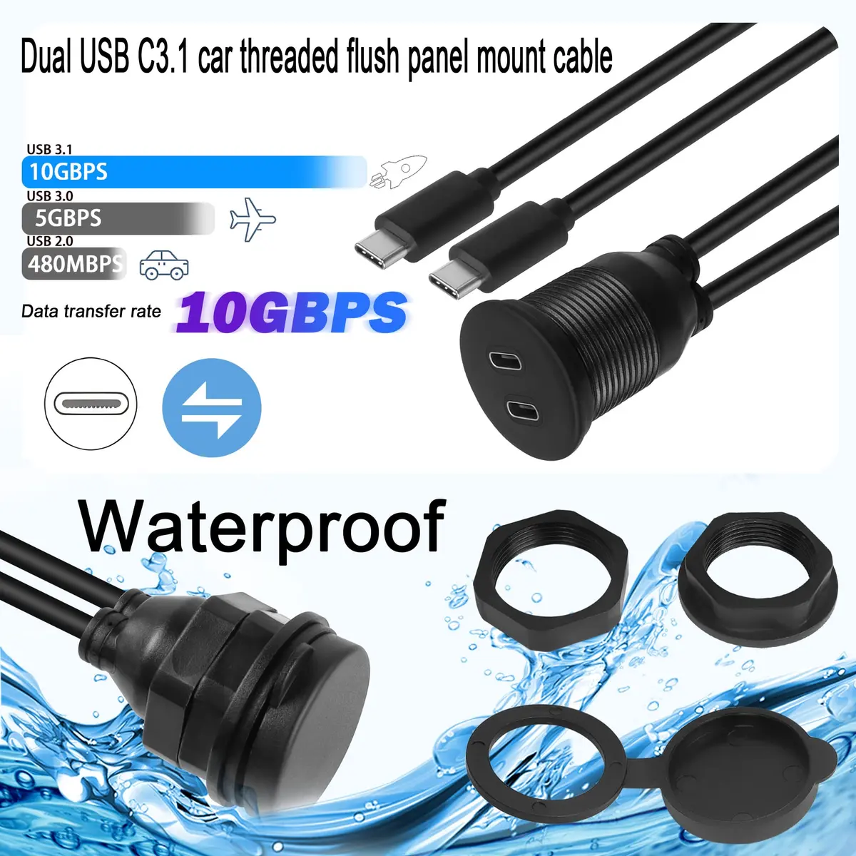 QIANRENON Dual USB C Threaded Flush Mount Waterproof Cable 1m (3.3ft) | 10Gbps Data & 4K Video Support - view 2