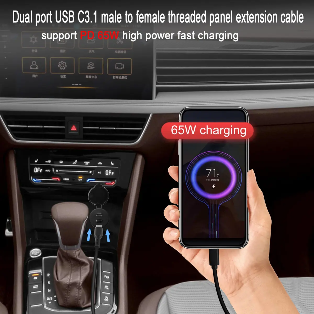 QIANRENON Dual USB C Threaded Flush Mount Waterproof Cable 1m (3.3ft) | 10Gbps Data & 4K Video Support - view 3