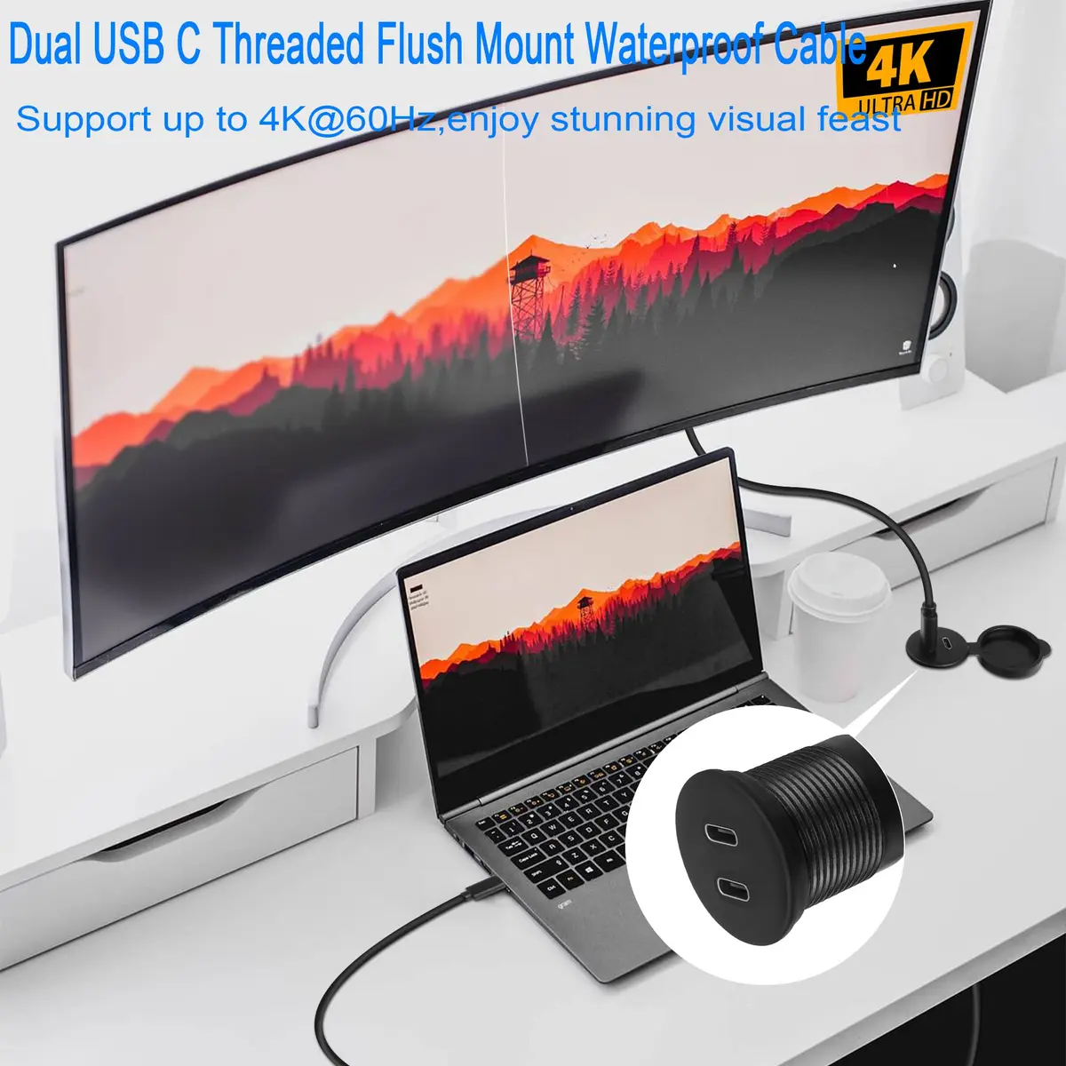 QIANRENON Dual USB C Threaded Flush Mount Waterproof Cable 1m (3.3ft) | 10Gbps Data & 4K Video Support - view 4