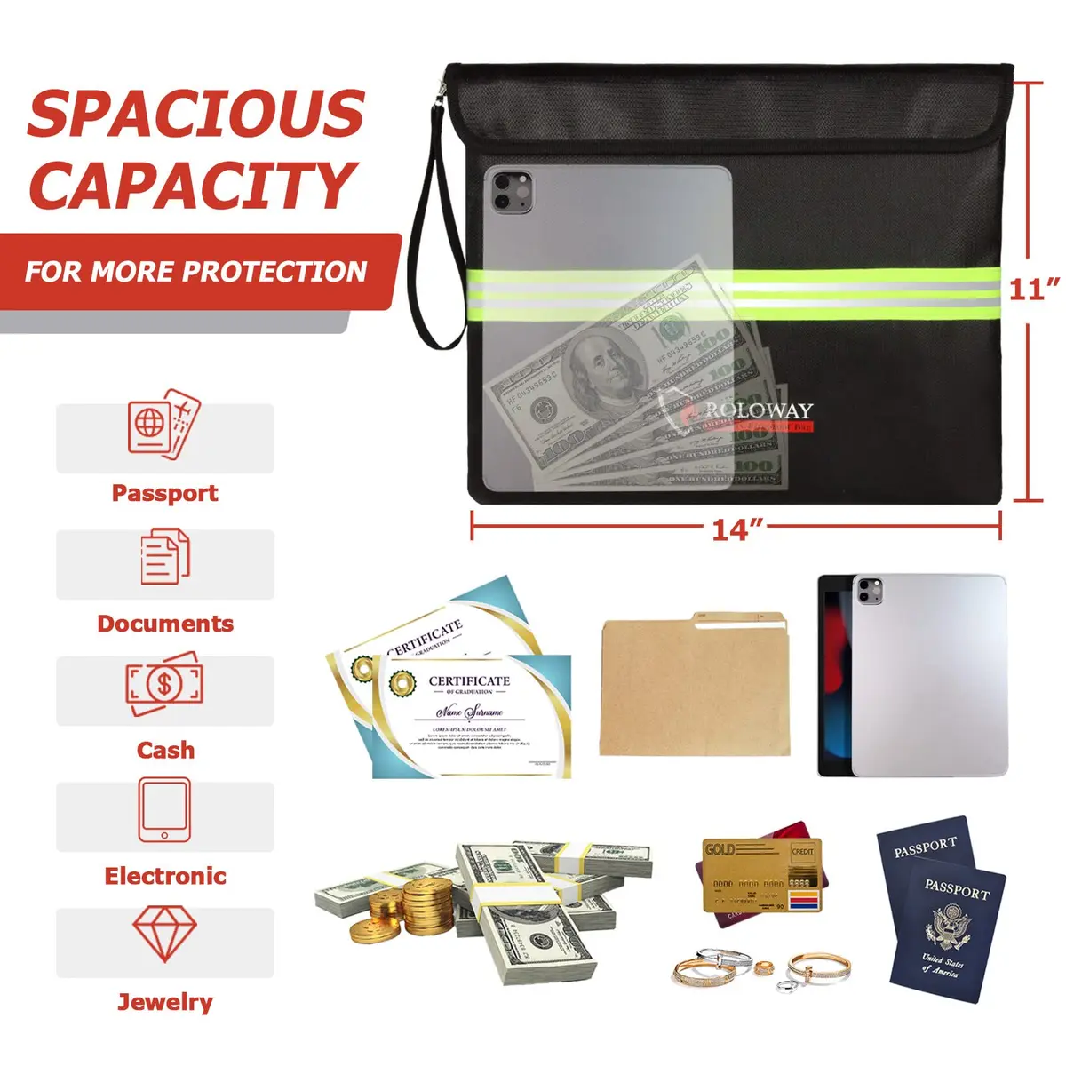ROLOWAY Fireproof Document Bag (14 x 11 inch) with 5200℉ Aluminum Foil Layer | Fireproof & Water-Resistant - view 5